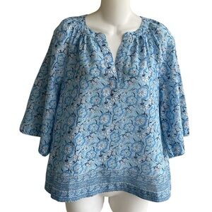 Vineyard Vines Floral Beachy Popover Blue Woven Top Blouse 100% Cotton XXS NWT